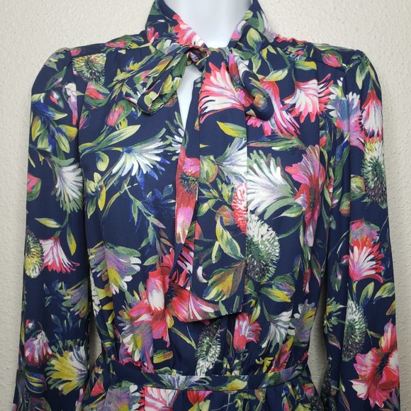 Jcrew Sz XS Tie-Neck Navy Floral Print Sheer Top Midi Dress (475) - Picture 4 of 10